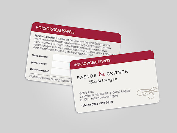 Vorsorgeausweis für Bestattungsvorsorge bei Pastor & Gritsch Bestattungen im Kreditkartenformat