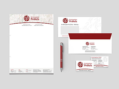 Geschäftsausstattung für Bestatter Präkels: Briefbogen, Visitenkarte und Umschlag im Corporate Design